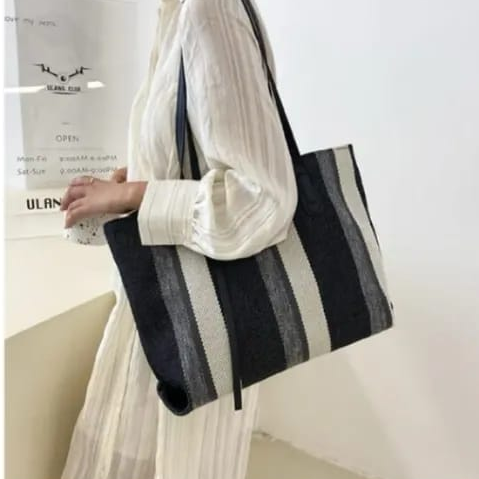 Elena Stripped Tote Bag - Linen Casual Tote
