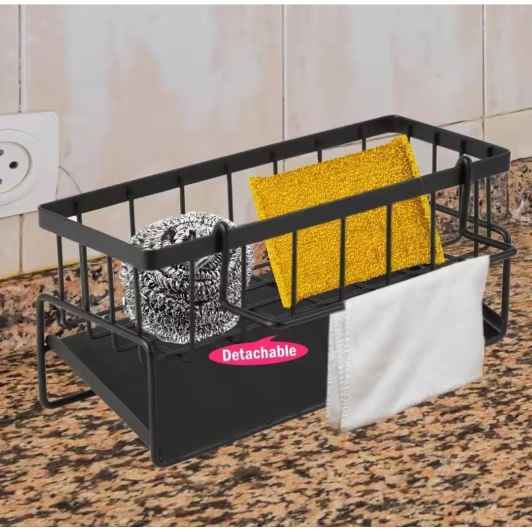 ABS Hard Plastic Sink Caddy with Kitchen Organizer Hook – Black Compact Countertop Storage