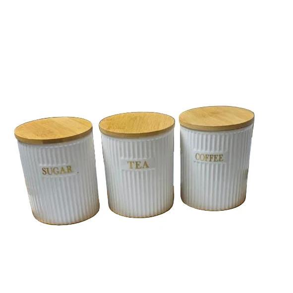 3pcs Ceramic Canisters with Bamboo Stand – 500ml Airtight Storage Jars for Kitchen Organization households Food Storage Containers