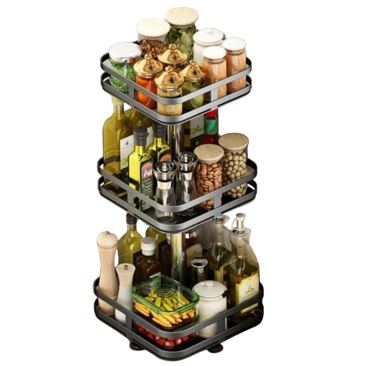3 Tier Square Metallic Rotating Spice/Storage Rack - Black Kitchen & Dining Spice Organizers