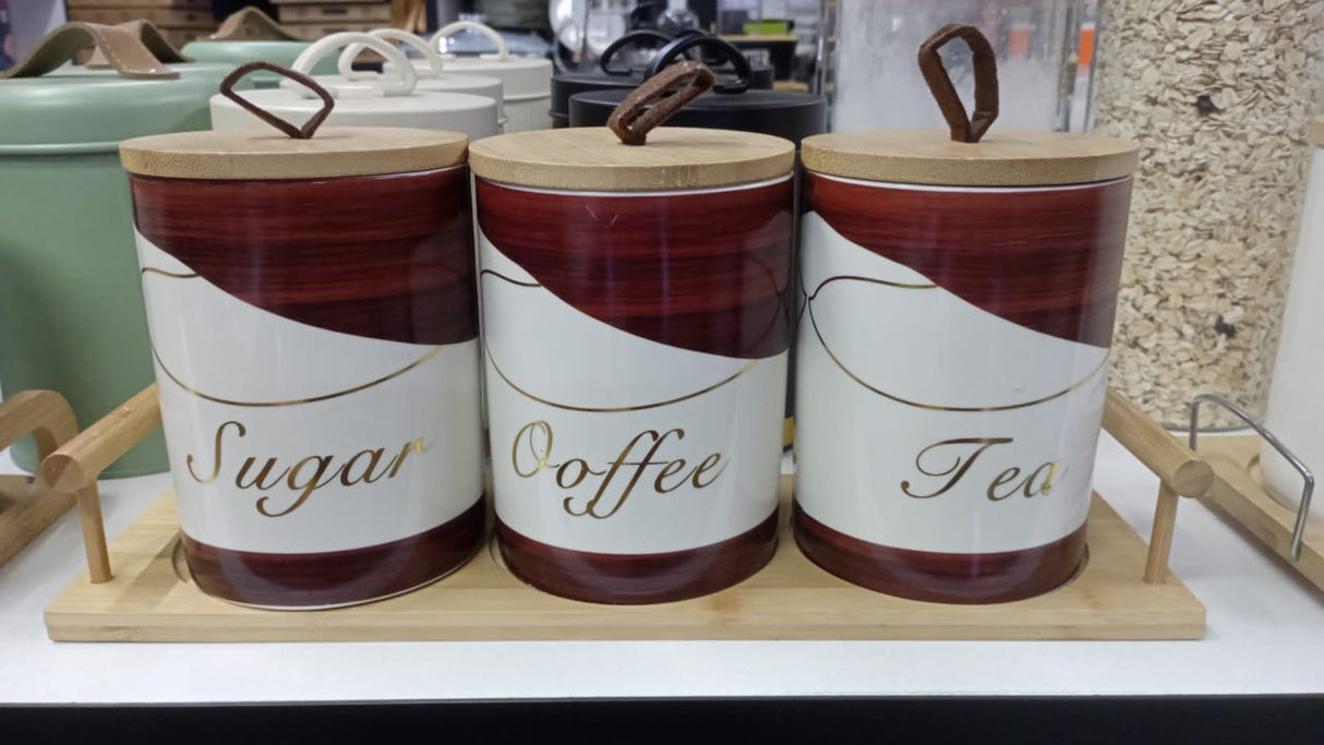 3-Piece Ceramic Canisters Set with Bamboo Stand – 500ml Kitchen Storage Jars (Code 6)