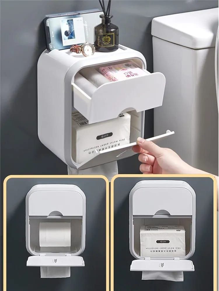 Multifunctional Wall Mounted Tissue Box – Waterproof Dual Compartment Organizer with Self-Adhesive Design