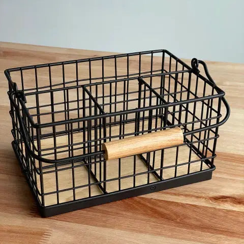 4-in-1 Cutlery Holder with Handle – Metallic & Bamboo Base Kitchen Organisation Kitchen Utensil Holders