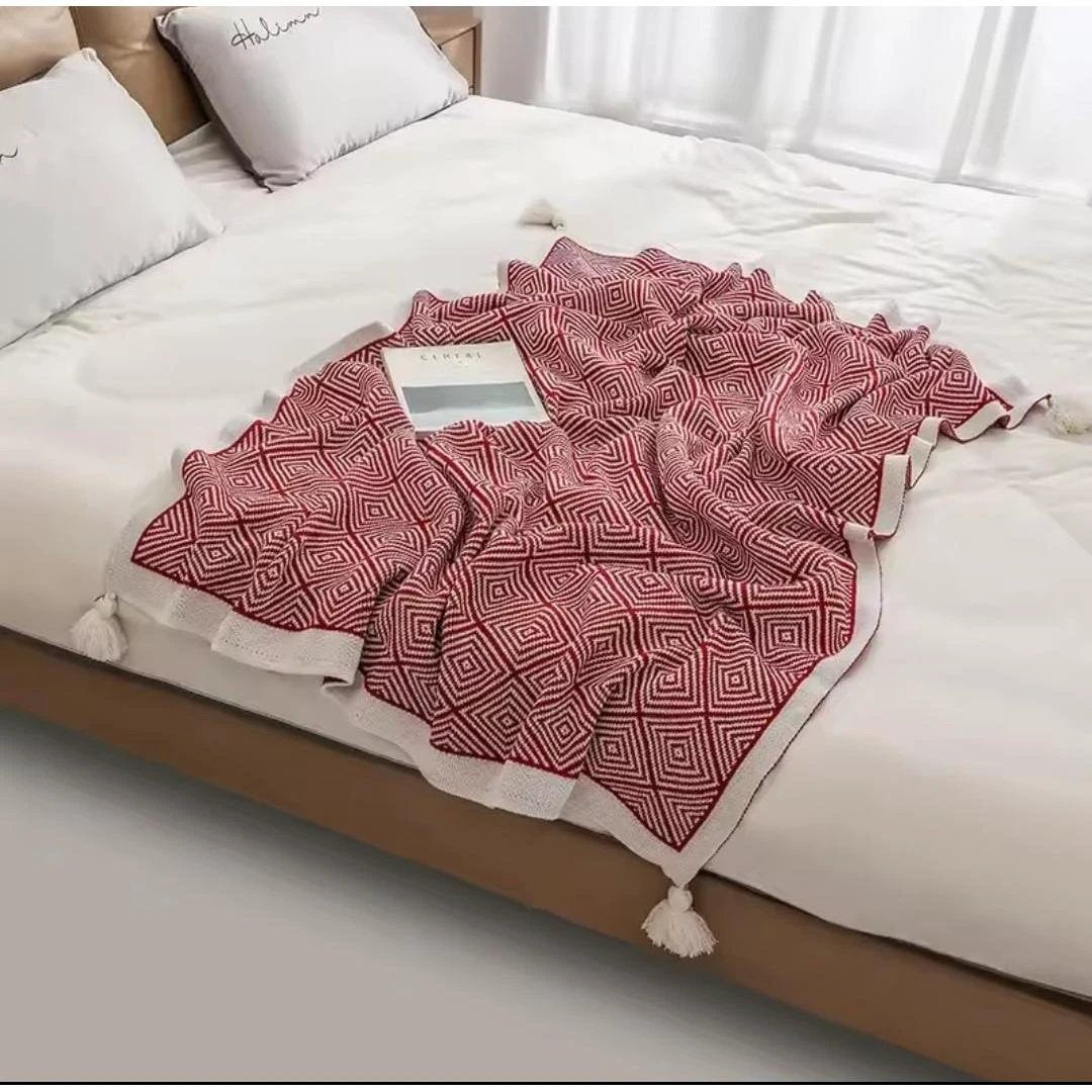 Bohemian Knitted Throw Blanket 150x200cm – Maroon and Light Brown house holds Blankets