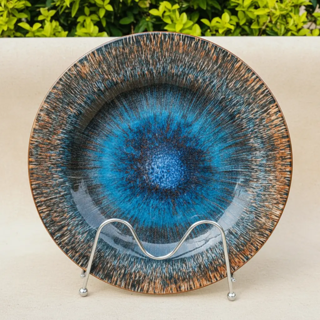 Dinner Plate - 10.5 inch Cat Eye Blue Reactive Glaze Ceramic Stoneware Kitchen & Dining Plates