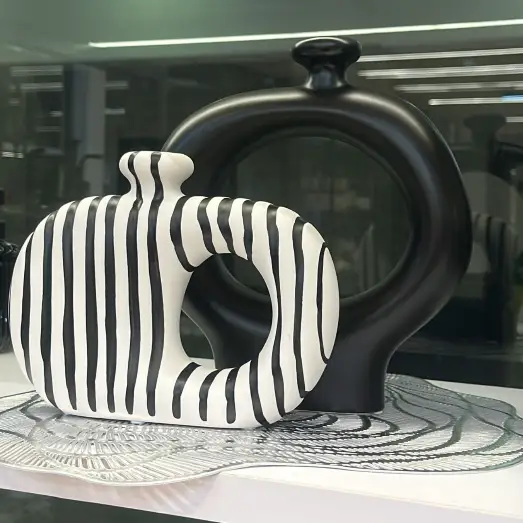 Midnight Loop Sculptural Ceramic Vase Set Matte Black Stripe White Set of 2 Home & Garden Vases