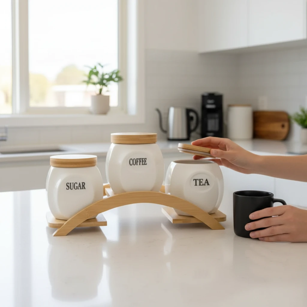3 Piece Ceramic Canister Set With Curved Bamboo Stand Airtight Lids Coffee Sugar Kitchen & Dining Food Storage Containers