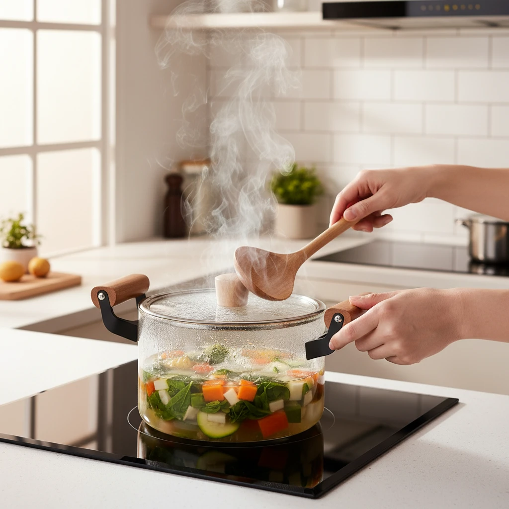 Borosilicate Glass Cooking Pot 2.5L Wooden Handles Glass Lid Clear Kitchen & Dining Casserole Dishes