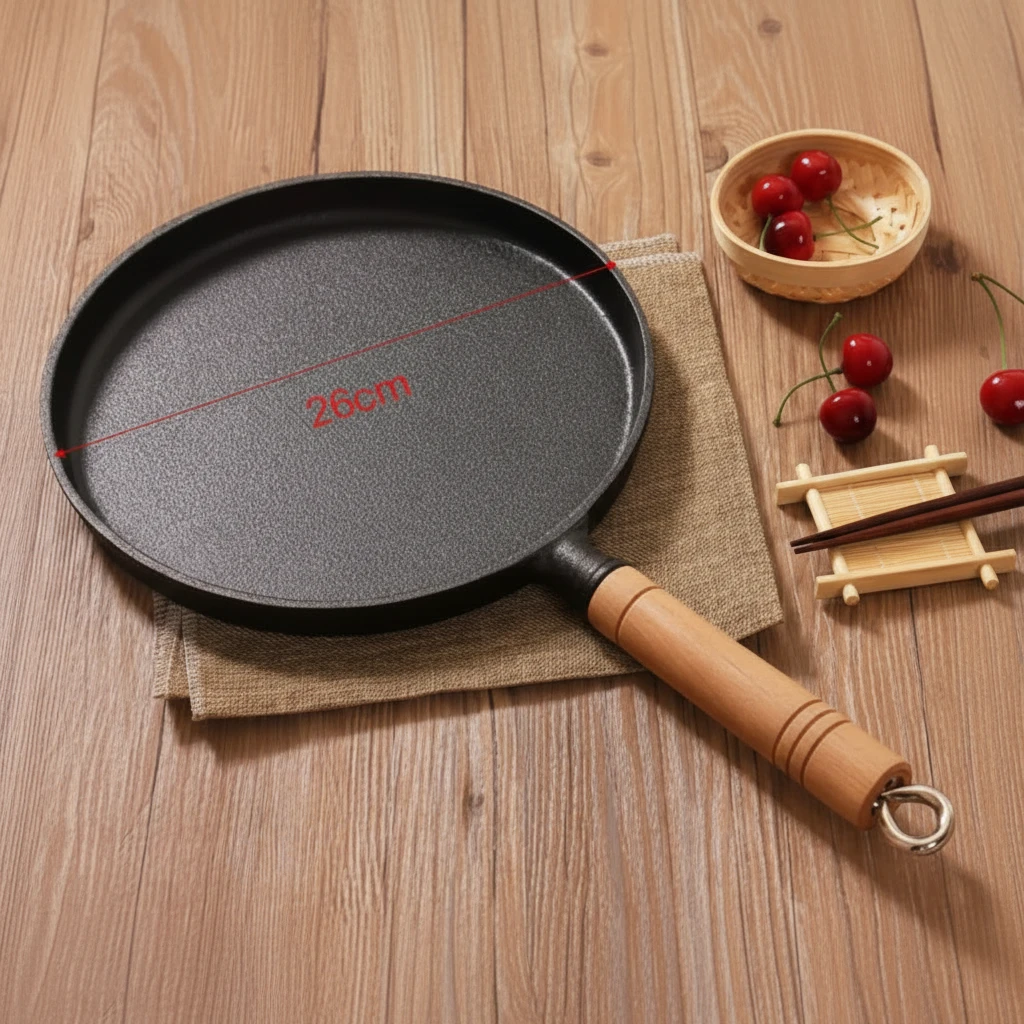 26cm Cast Iron Chapati Pan with Wood Handle Non-Stick Multipurpose Kitchen & Dining Griddles & Grill Pans