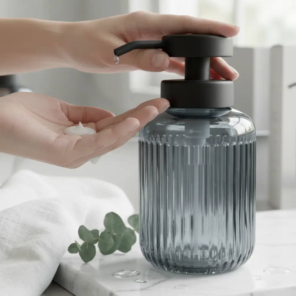 Soap Dispenser - Ribbed Glass 500ml with Black Pump Tinted Black Home & Garden Soap & Lotion Dispensers