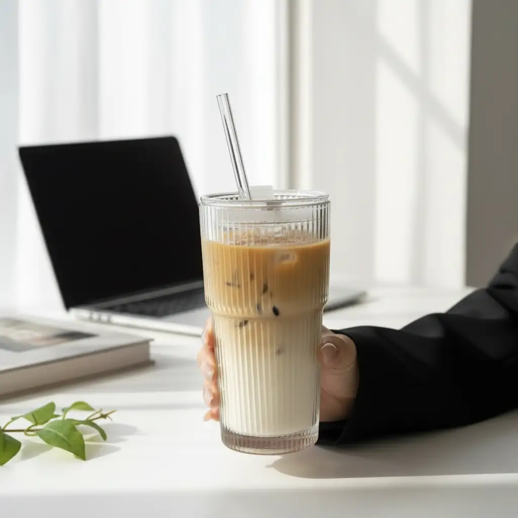 Glass Cup - 600ml Vertical Stripe Ribbed with Lid Glass Straw Heat Sleeve Kitchen & Dining Tumblers