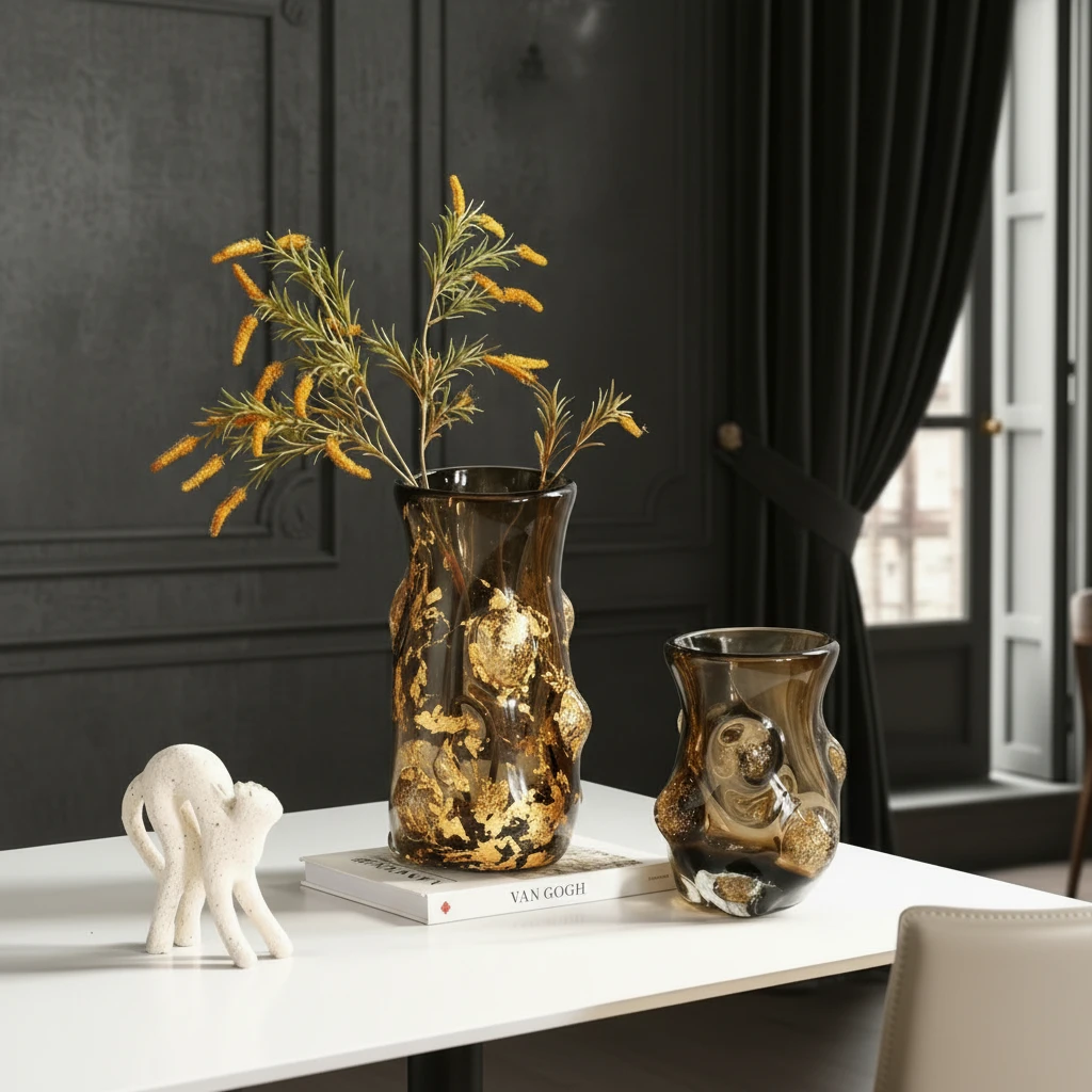 Flolenco Luxury Glass Vase with Gold Bubble Accents Smoke Brown Home & Garden Vases