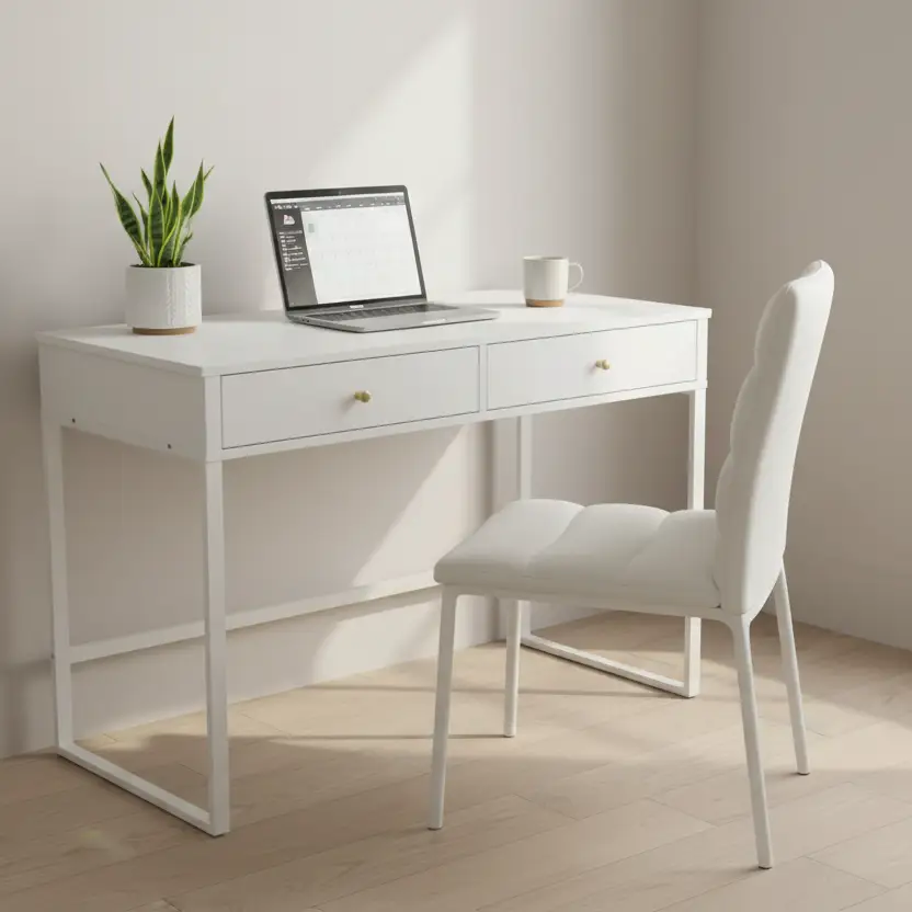 White Desk with 2 Drawers & X-Cross Metal Legs Study Desk Desks