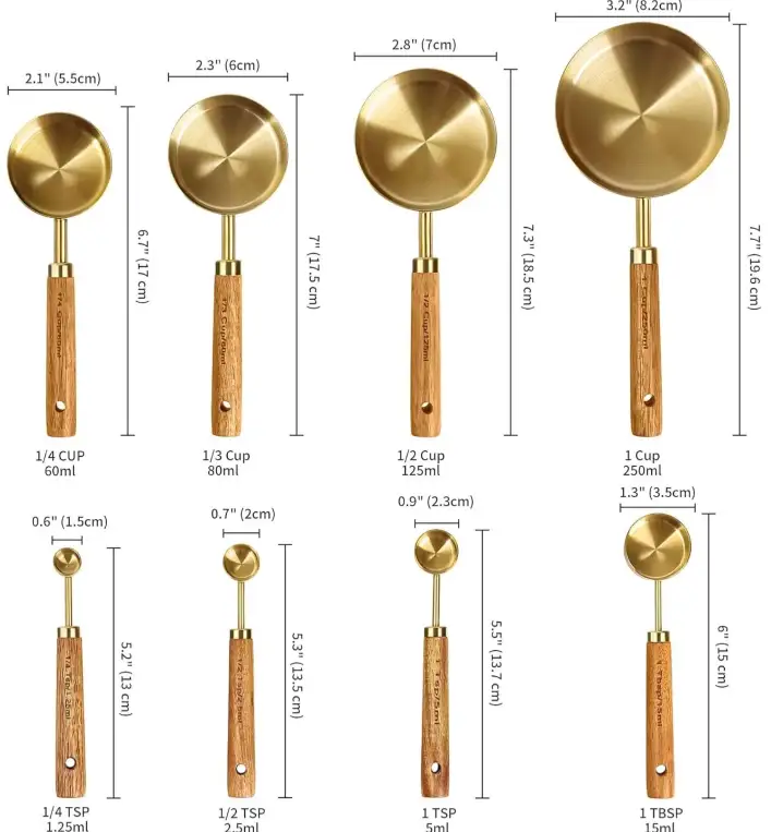 Measuring Cups and Spoons Set - 8pc Stainless Steel Engraved Fragrant Wood Handle Black Gold Kitchen & Dining Measuring Cups & Spoons