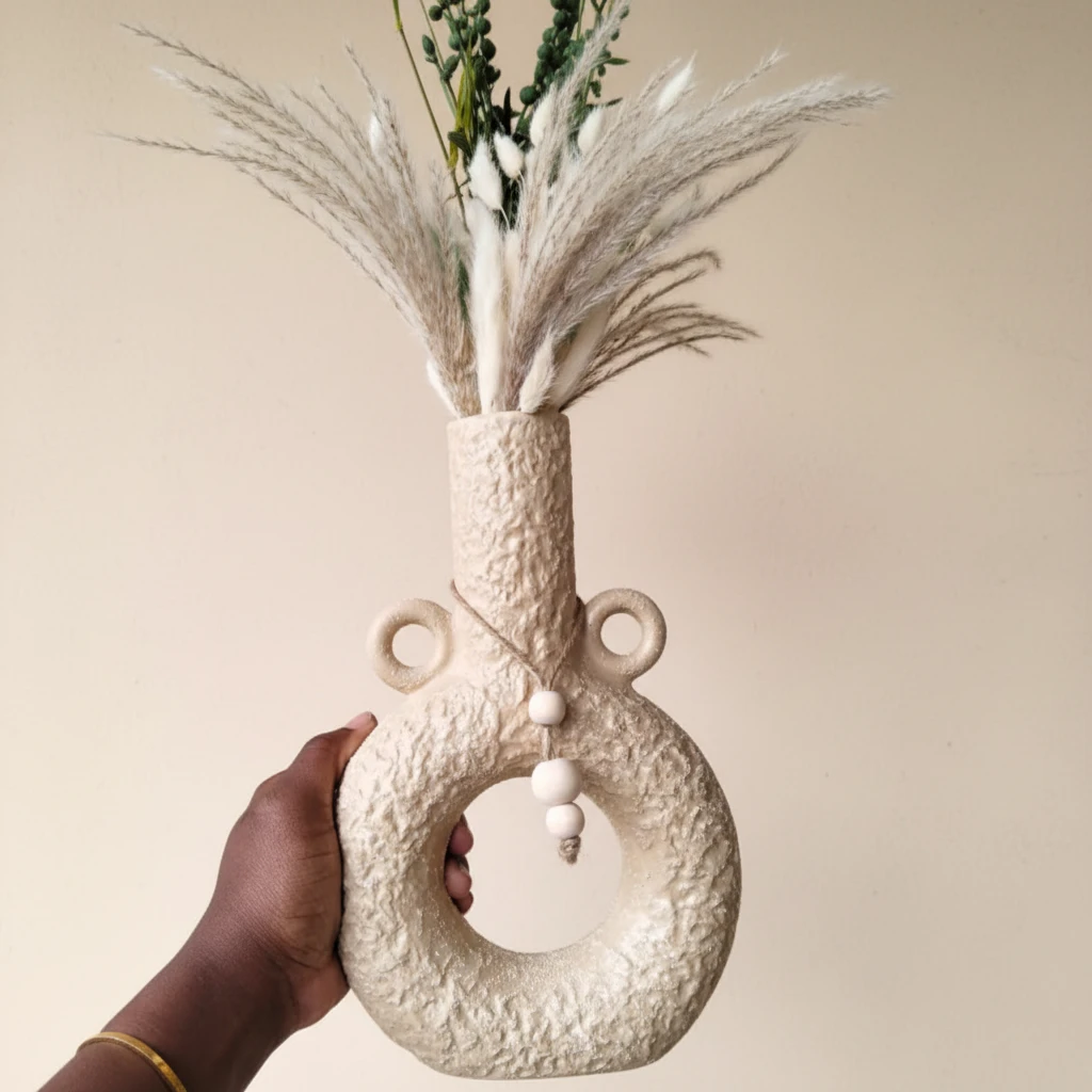 2-in-1 Ceramic Vase with Circle Handles Textured White Beige Home & Garden Uncategorized