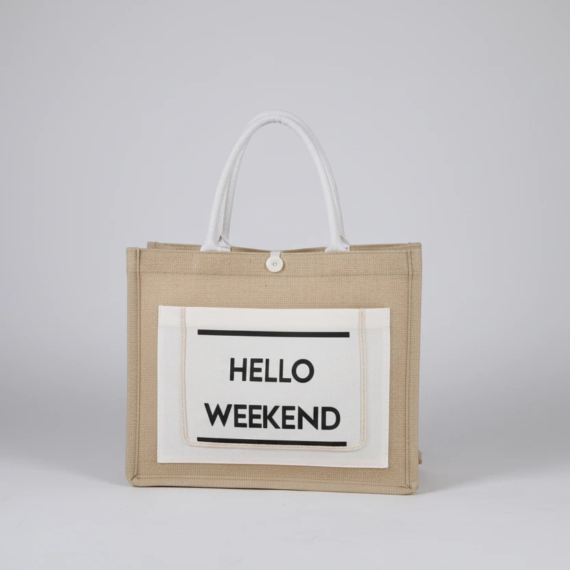 Hello Weekend Tote Bag Jute Canvas Smart Casual with Front Pocket 35x18x30cm Bags & Accessories Tote Bags