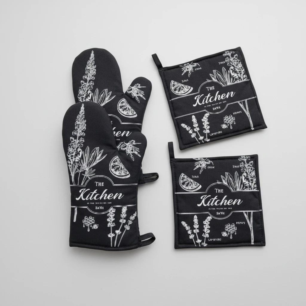 Kitchen Botanical Oven Mitt and Pot Holder 3-Piece Set Heat Resistant Black Cream Kitchen & Dining Oven Mitts & Pot Holders