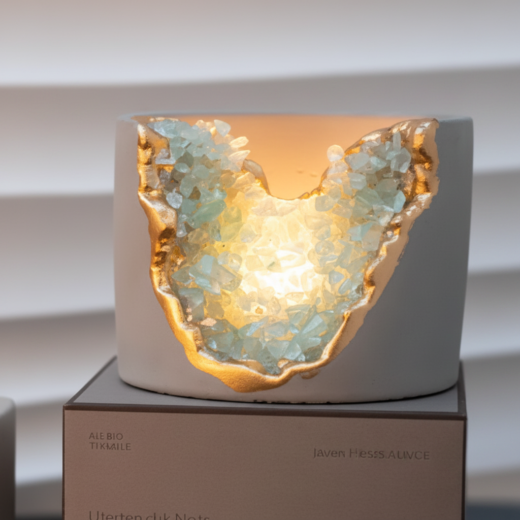 Geode Crystal Scented Candle Concrete Vessel Gold-Gilded Rim Gift Box Amethyst Rose Aquamarine Home & Garden Candles