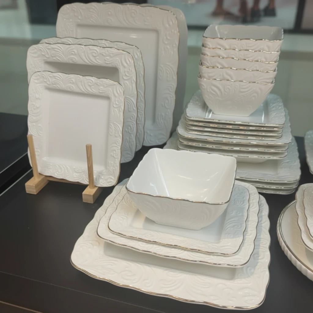 24-Piece Embossed Ceramic Dinner Set with Gold Rim Dishwasher Microwave Safe Kitchen & Dining Dinnerware Sets