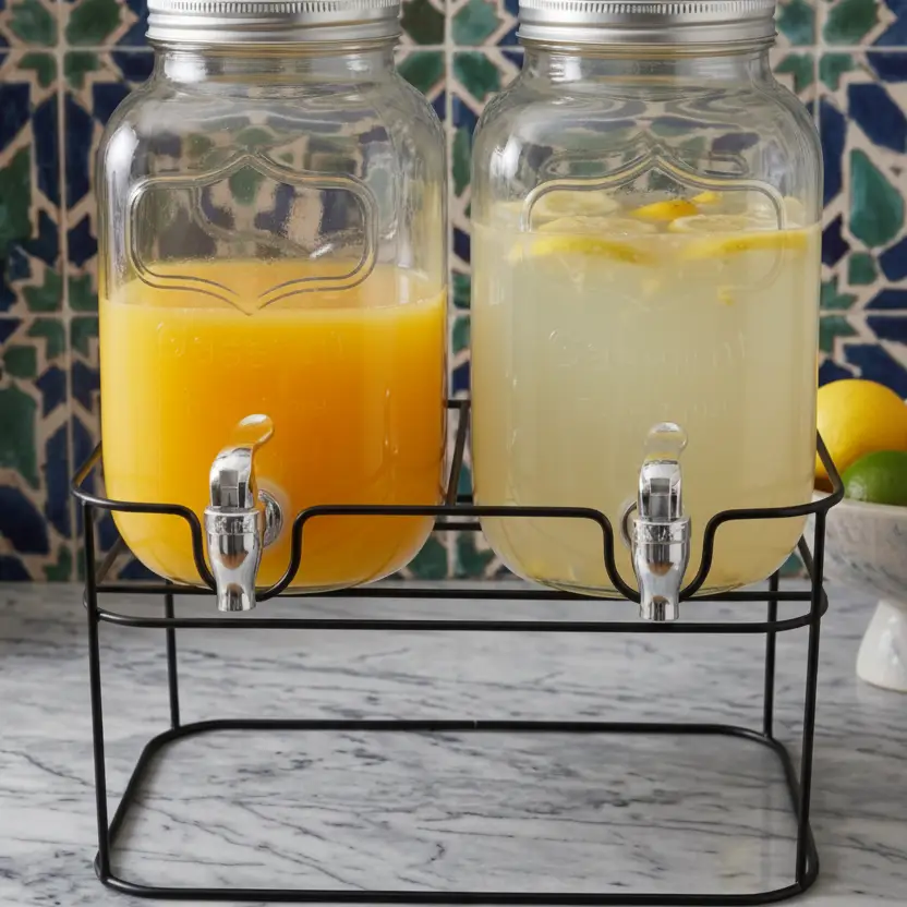 Juice Dispenser - 2-in-1 Double Mason Jar Glass Dispenser with Black Metal Stand Kitchen & Dining Beverage Dispensers