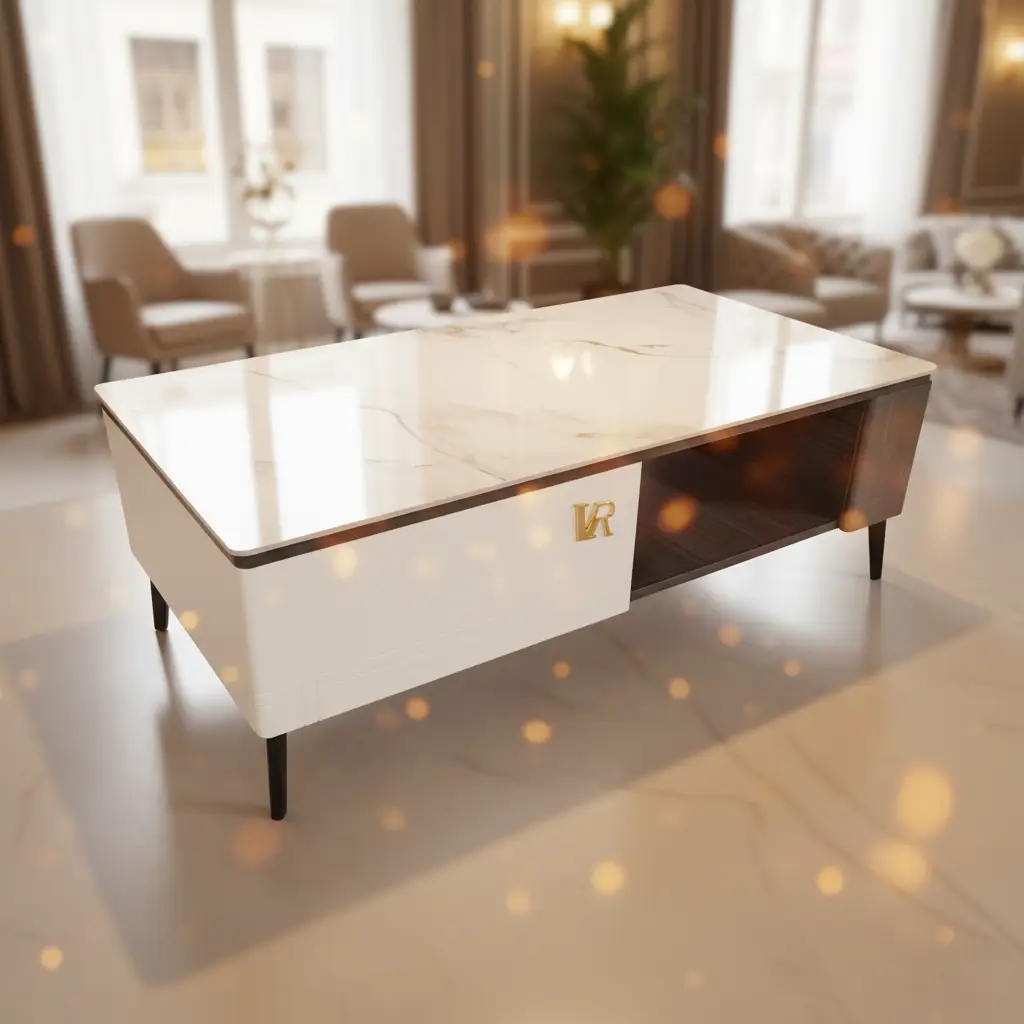 Coffee Table - White Sintered Stone Top with Drawer and Dark Wood Open Shelf Furniture Coffee Tables