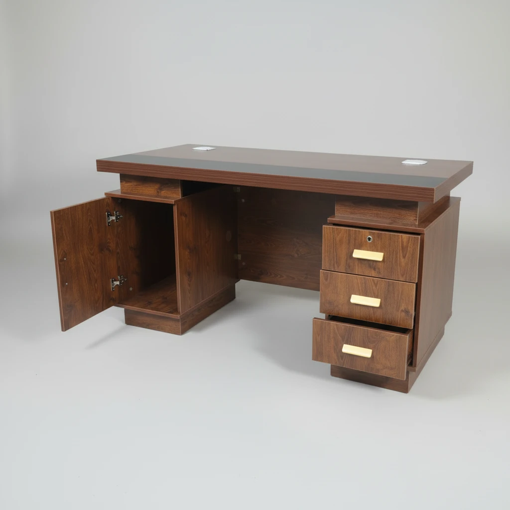 Executive Desk - 1.4m Brown Wood with Gold Accent Stripes Furniture Desks