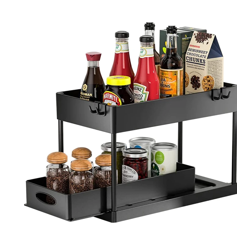 2 Tier Multi-Purpose Pull-Out Storage Rack with Side Hooks Kitchen & Dining Kitchen Organizers