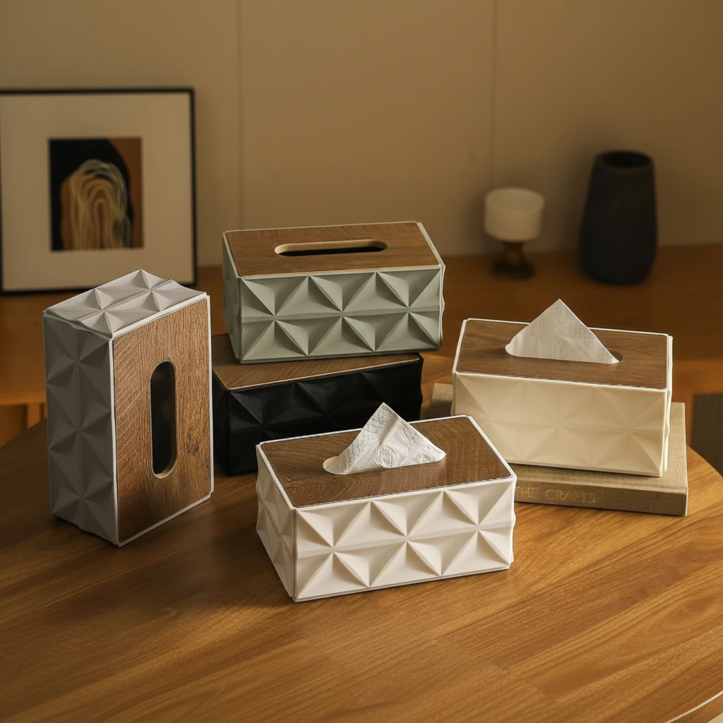 Luxury Geometric Tissue Box Holder with Wood-Finish Top Home & Garden Facial Tissue Holders