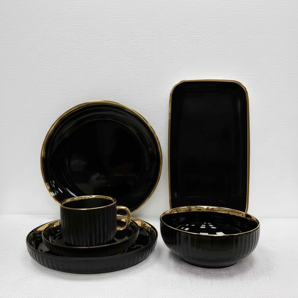 32-Piece Black Dinner Set with Gold Trim Ribbed Design