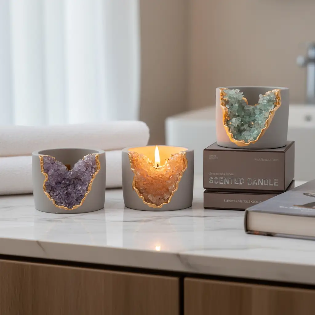 Geode Crystal Scented Candle Concrete Vessel Gold-Gilded Rim Gift Box Amethyst Rose Aquamarine Home & Garden Candles