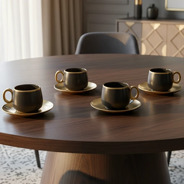 6 Piece Black and Gold Ceramic Cup and Saucer Set Kitchen & Dining Coffee Sets