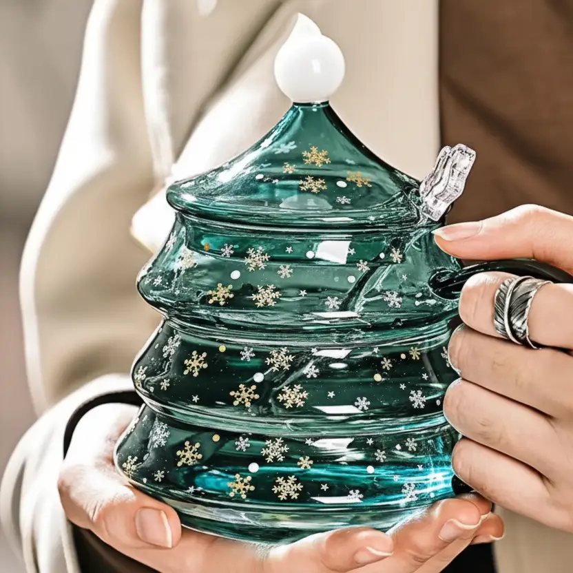 Glass Cup - Christmas Tree 400ml Borosilicate with Lid Spoon Gift Box Green Kitchen & Dining Coffee & Tea Cups