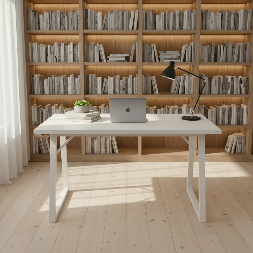 Modern White Office Desk with Trapezoid Metal Legs Office Desk Desks