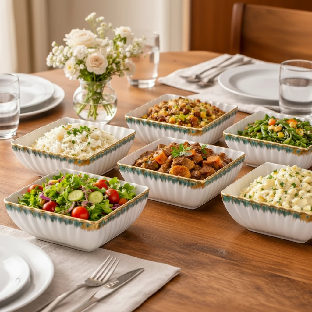 12-Inch Porcelain Serving Bowl with Gold Trim White Square Kitchen & Dining Serveware