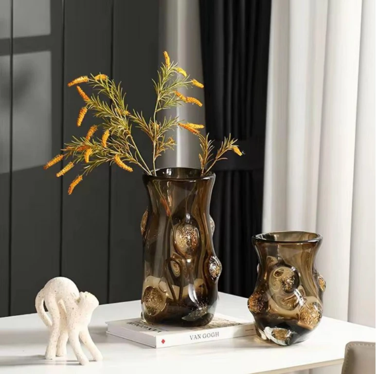Flolenco Luxury Glass Vase with Gold Bubble Accents Smoke Brown Home & Garden Vases
