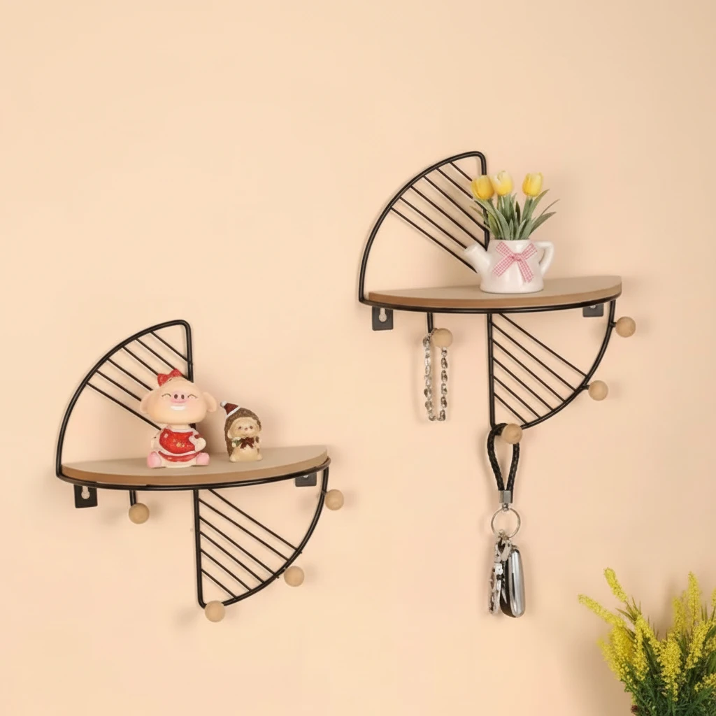 Set of 2 Nordic Half-Moon Floating Wall Shelves Wood Wire Frame 3 Peg Hooks Black Gold Home & Garden Floating Wall Shelves & Ledges