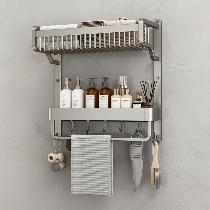 2-Layer Bathroom Space Towel Rack with Shelf Shampoo Bottle Organizer with Hooks Home & Garden Towel Racks