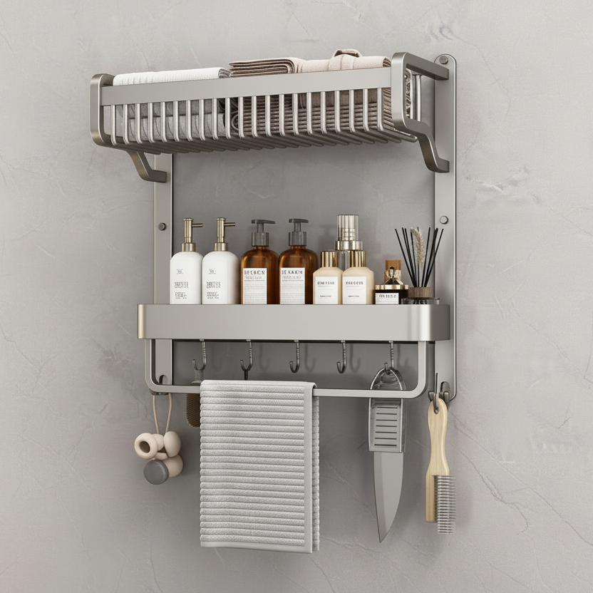 2-Layer Bathroom Space Towel Rack with Shelf Shampoo Bottle Organizer with Hooks