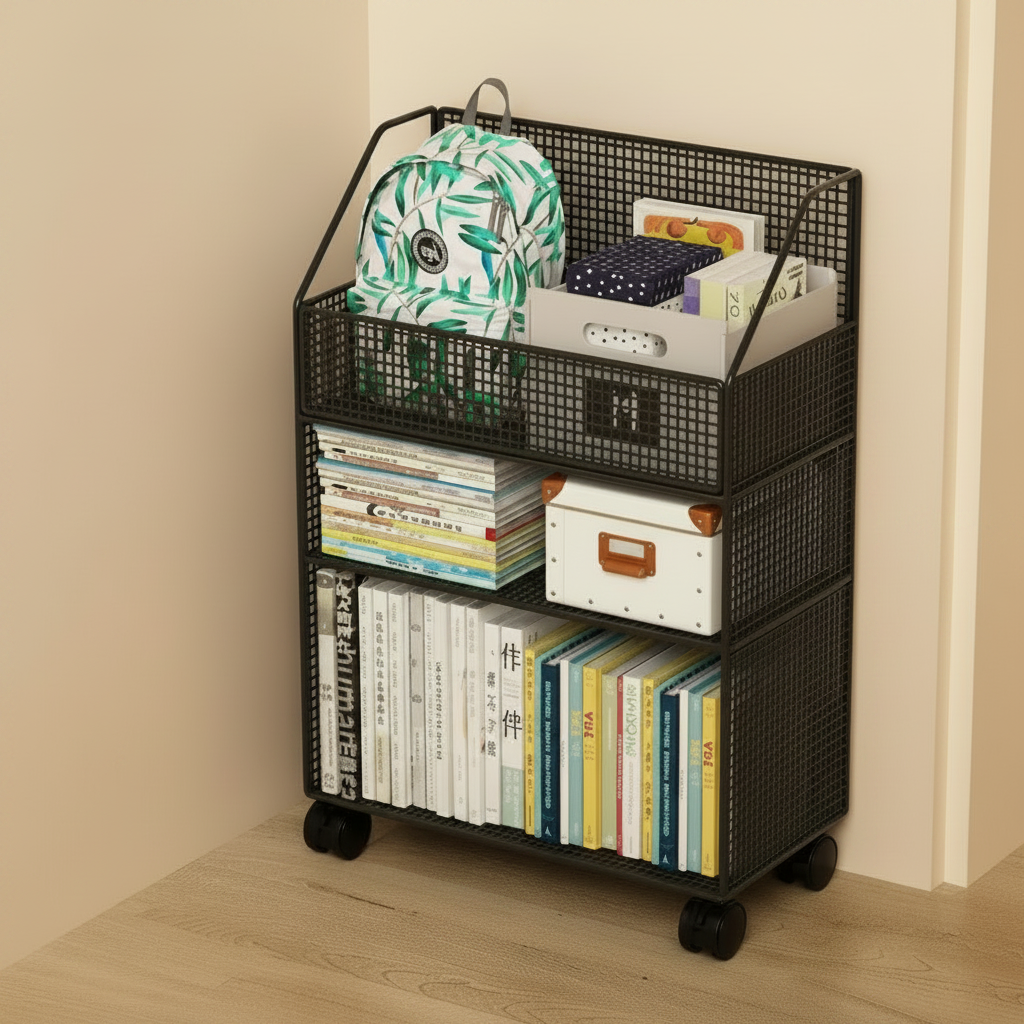 3-Tier Wire Mesh Rolling Bookshelf Top Basket Wheels Black White 45x22x63cm Office Furniture Rack Bookcases & Shelves