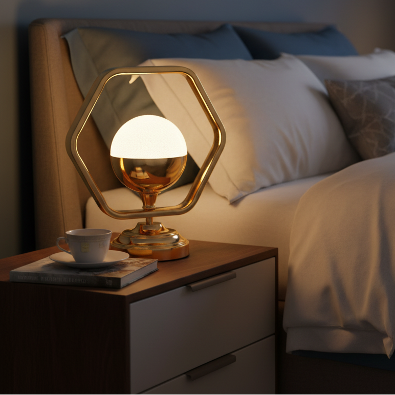 Table Lamp - Gold Hexagon Frame Frosted Crystal Globe LED Desk Lamp 31x12x25cm Home Decor Table Lamps