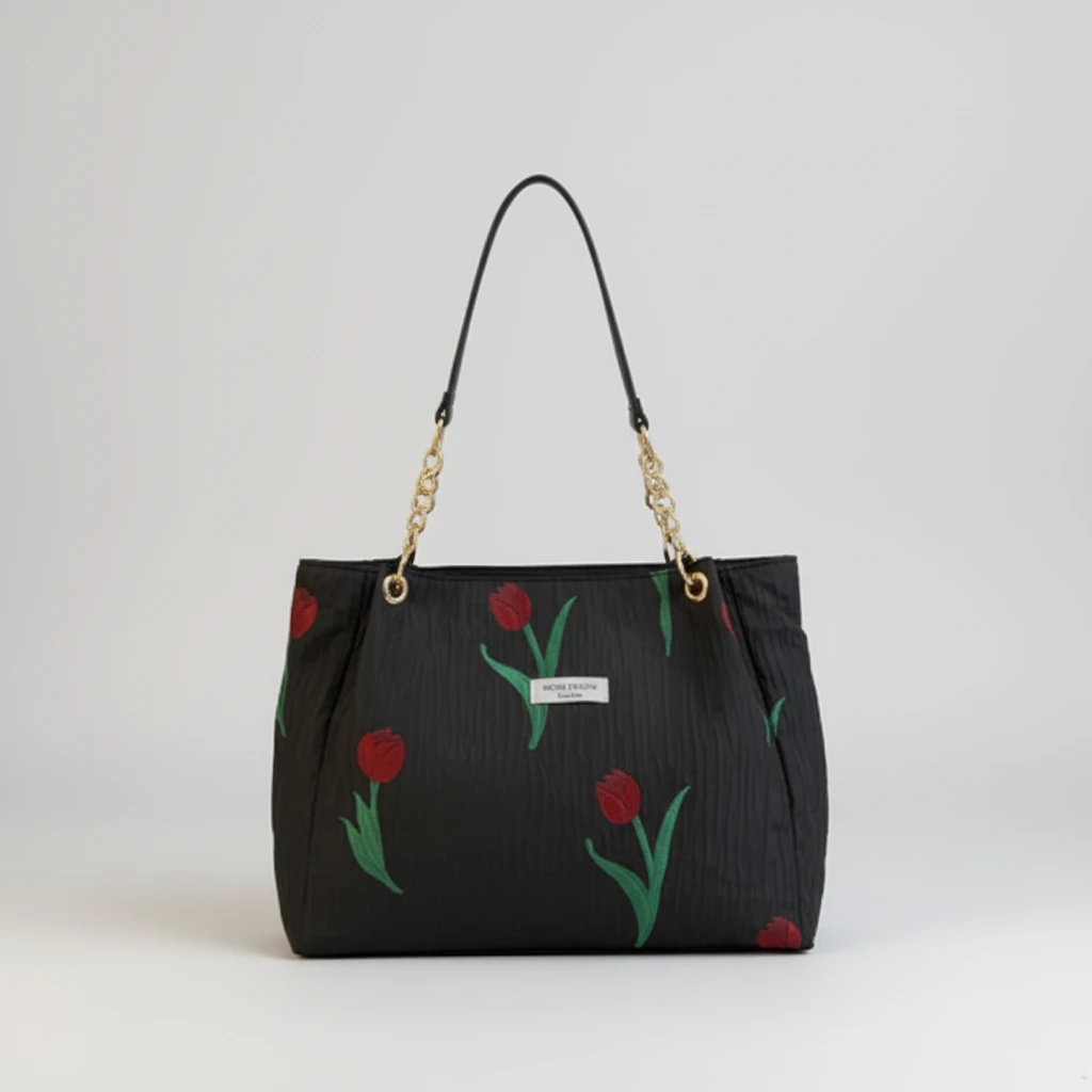 Casual Floral Canvas Tote Bag Tulip Print with Gold Chain Strap 38x14x27cm Bags & Accessories Shopper Bags