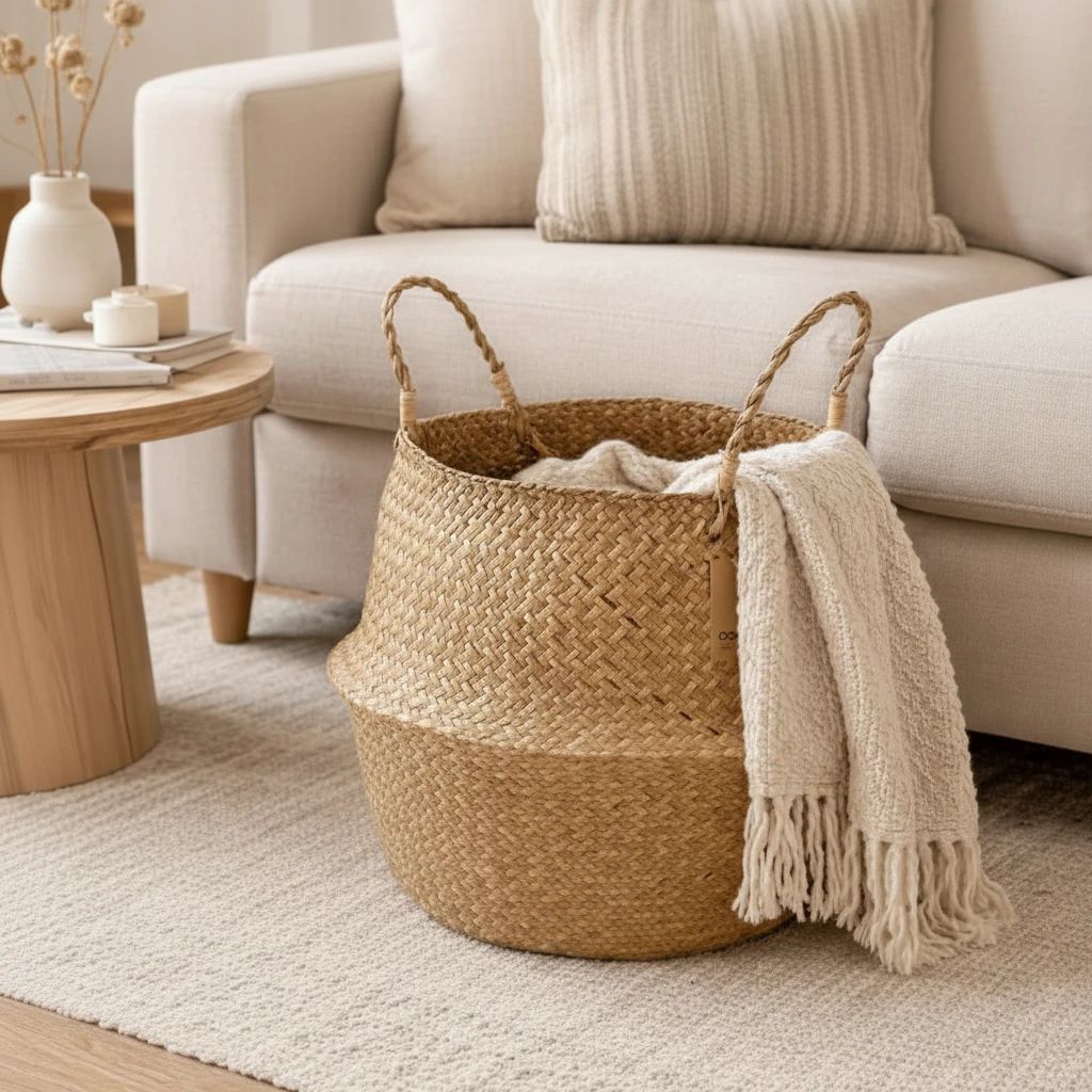 Large Seagrass Woven Belly Storage Basket 35x35cm Twin Rope Handles Boho Plant Pot Towel Blanket Organizer Home & Garden Baskets