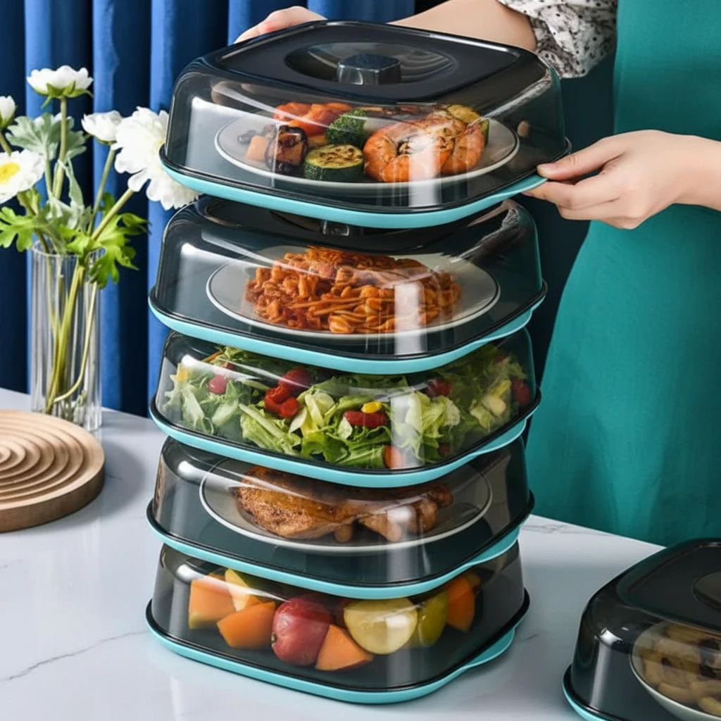 Square Acrylic Food Cover with Base Dish 28x26x9cm Microwave Safe Stackable Dustproof Steam Vent Teal Clear Kitchen & Dining Food Container Covers