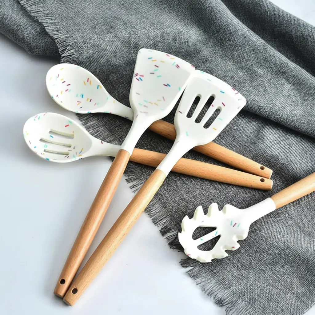 Silicone Utensil Set - White Marble Confetti with Wooden Handles Kitchen & Dining Kitchen Utensil Sets