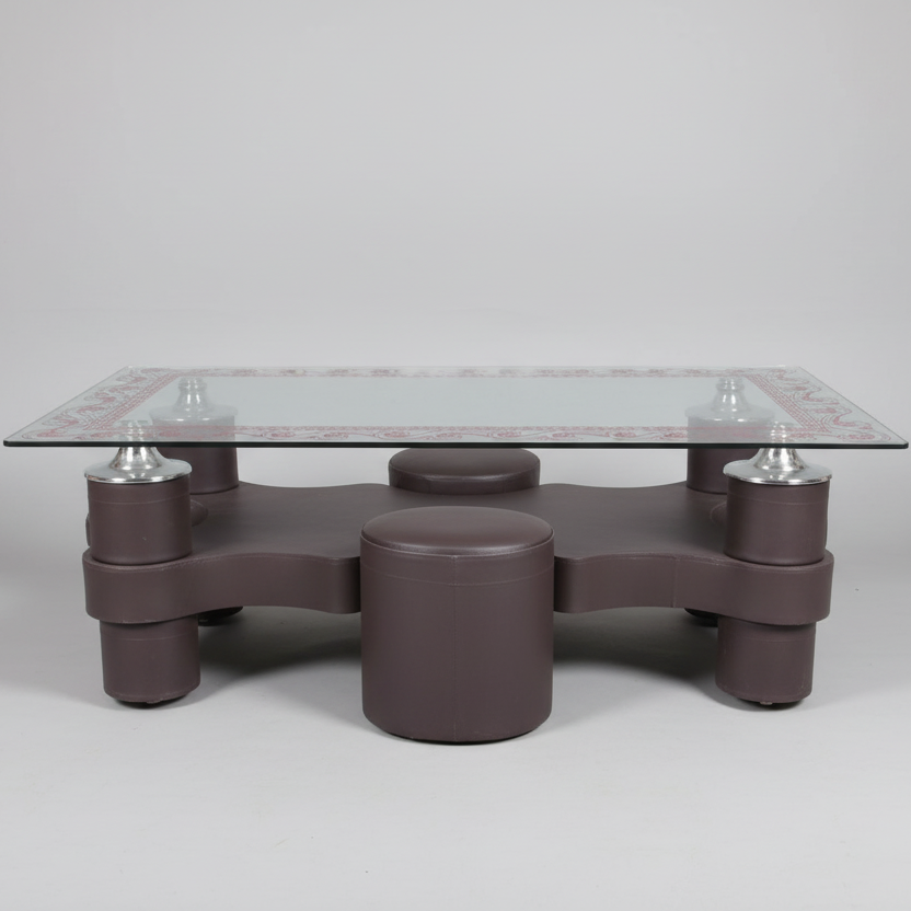Coffee Table - Glass Top with 4 Puff Stools & Decorative Border