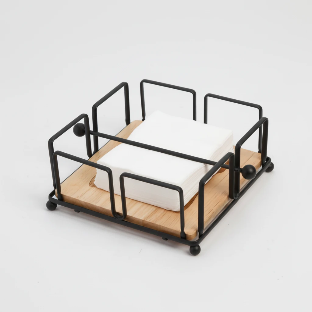 Luxury Metallic Serviette Holder with Bamboo Base and Napkin Holder Kitchenware Napkin Holders