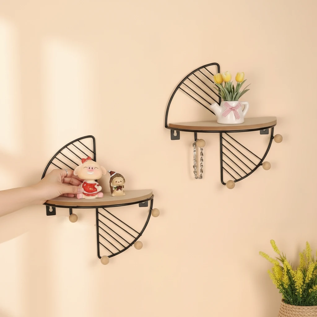 Set of 2 Nordic Half-Moon Floating Wall Shelves Wood Wire Frame 3 Peg Hooks Black Gold Home & Garden Floating Wall Shelves & Ledges