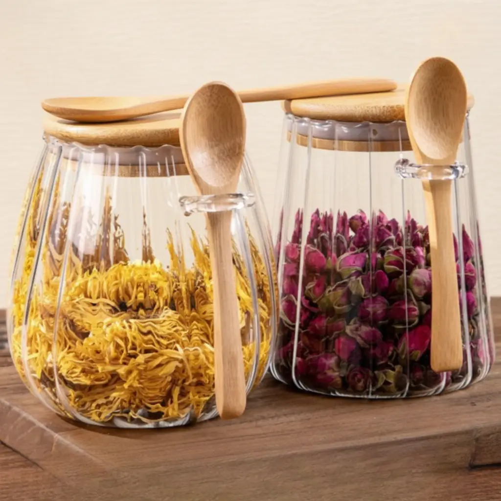 Storage Jar - Ribbed Glass 700ml with Bamboo Lid Gold Handle and Spoon Clear Kitchen & Dining Food Storage Containers