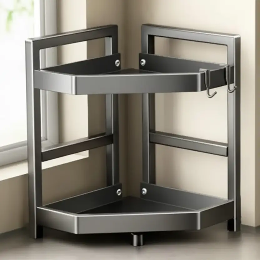 2-Tier Grey Metal Corner Spice Rack Utensil S-Hooks 40x25x32cm Kitchen Countertop Organiser Kitchen & Dining Spice Organizers