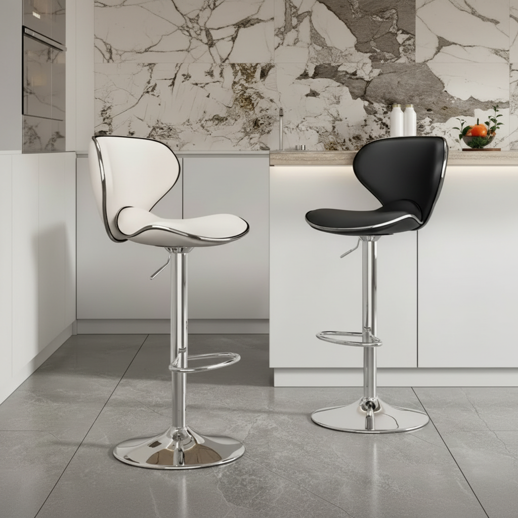 Adjustable Leather Bar Stool with Chrome Base and Footrest
